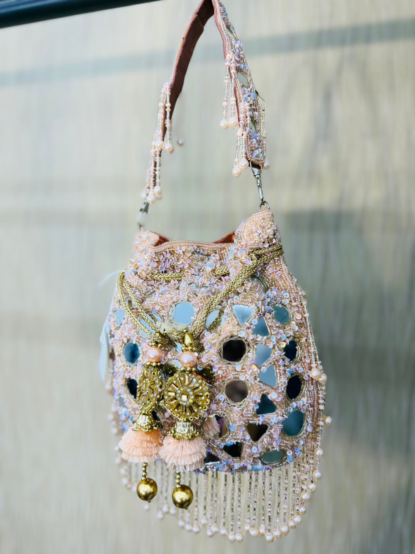 Pink/Peach Mirror-work Potli Purse