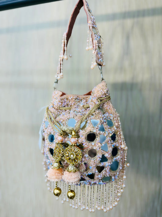 Pink/Peach Mirror-work Potli Purse